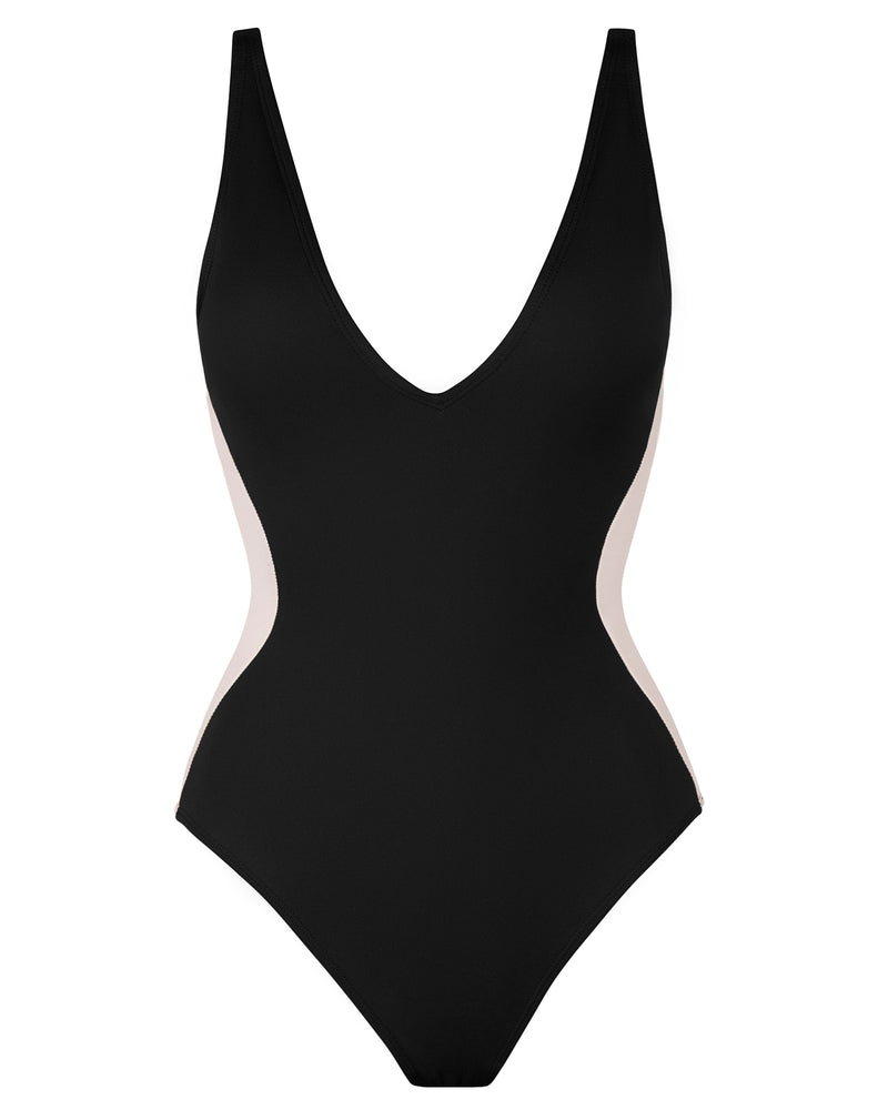 Outline image showing Plungey - Contour Black/Oat Open Back Shapewear Swimsuit