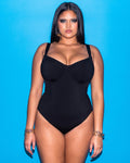 Size L Model wears Lifty - Black One Piece Shapewear Swimsuit full front view
