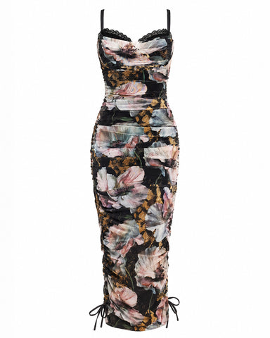 Three quarter back view of Sweetie Mesh Column Dress - Adjustable Mystic Poppy on model