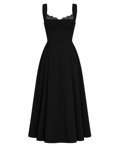 Back view of model in Adjustable Length Fit & Flare Midi Dress - Lace Black worn as a mini dress