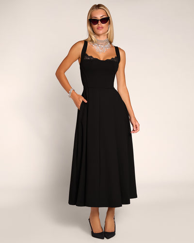 Full body front view of model in Adjustable Length Fit & Flare Midi Dress - Lace Black