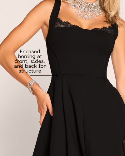 Graphic of Adjustable Length Fit & Flare Midi Dress - Lace Black highlighting front, sides and back boning