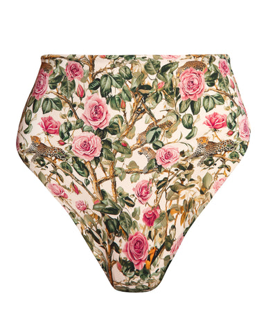Three quarter back view of Brazilian Smoothing Kini Bottom - Pink Rose Leopard paired with Triangle Bikini Top - Pink Rose Leopard