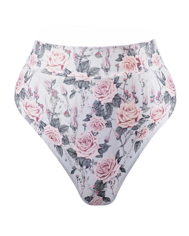 Back view of Hi Cut Adjustable Kini Bottom - Blue Thorny Rose on model