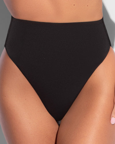 Close up of Hi Cut Smoothing Kini Bottom - Black on model