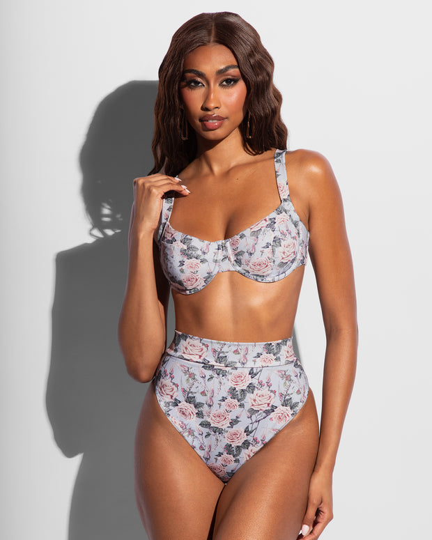 Front view of model wearing Lifty Tie Back Bikini Top - Blue Thorny Rose