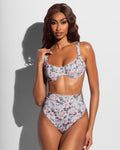 Front view of model wearing Lifty Tie Back Bikini Top - Blue Thorny Rose