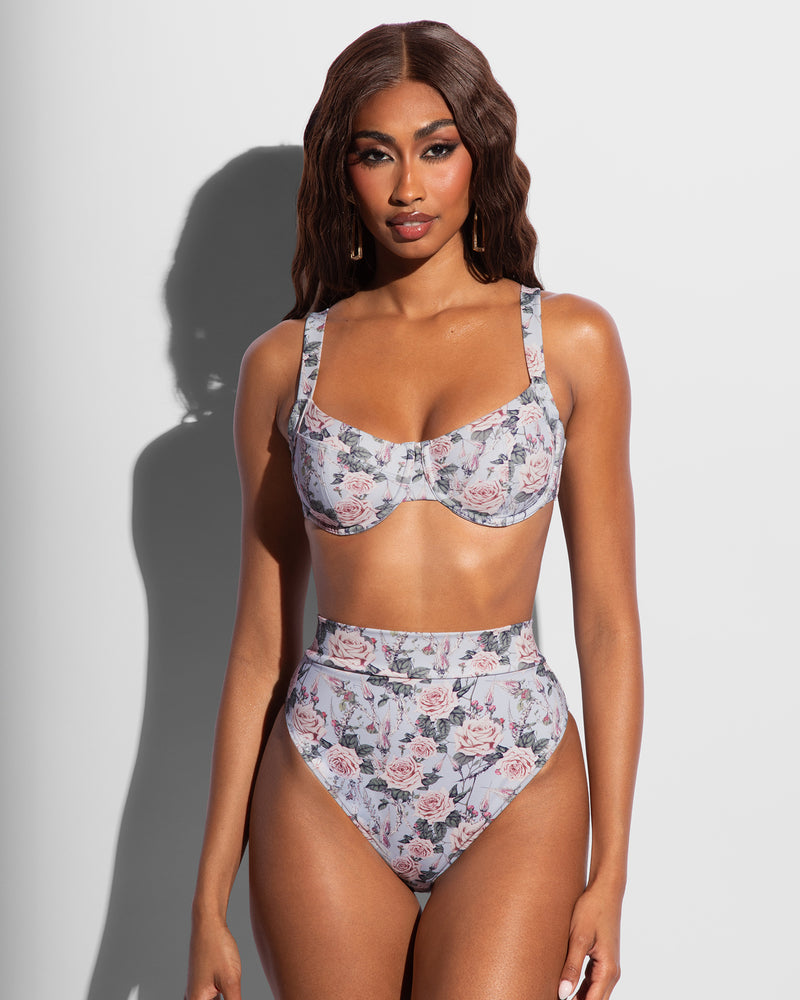 Front view of Hi Cut Adjustable Kini Bottom - Blue Thorny Rose on model
