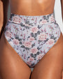 Close up shot of Hi Cut Adjustable Kini Bottom - Blue Thorny Rose on model front view