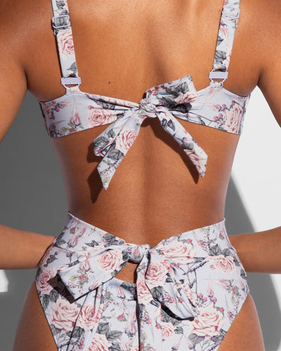 Close up back view of Lifty Tie Back Bikini Top - Blue Thorny Rose