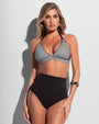 Front view of model wearing Smoothing Kini Bottom - Black paired with Triangle Bikini Top - Gingham