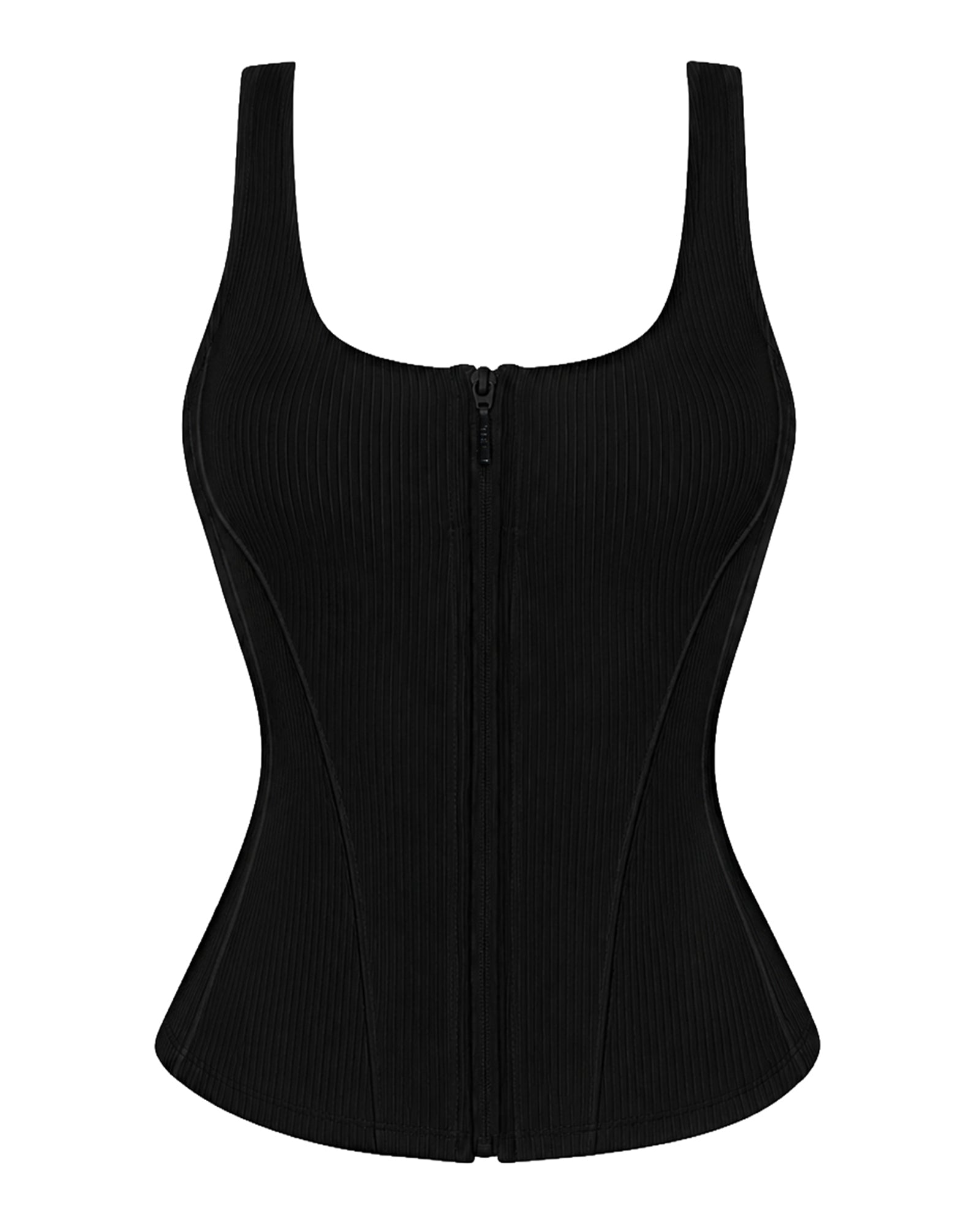 Corsety Scoop Neck Zip Front Shapewear Tank Top - Rib Black | TA3