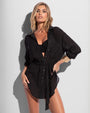 Front view of Seersucker Gauze Flowy Shirt - Black on model 