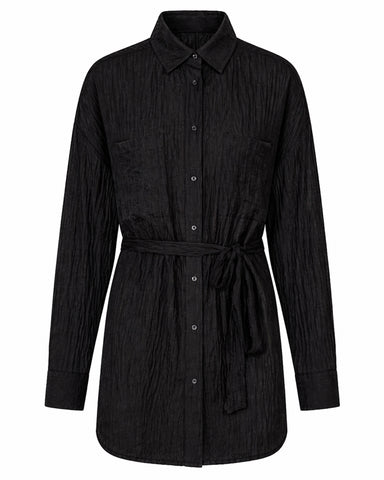 Model wearing Seersucker Gauze Flowy Shirt - Black unbuttoned all the way with bikini under