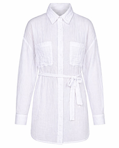 Full body front view of model in Flowy Shirt - Gauze White paired with matching pant
