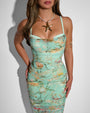 Close up front view image of Sweetie Mesh Column Dress - Adjustable Aqua Floral on model