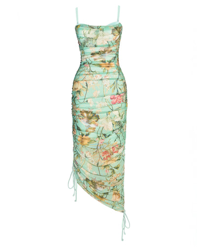 Outline image of Sweetie Mesh Column Dress - Adjustable Aqua Floral asymmetrical 