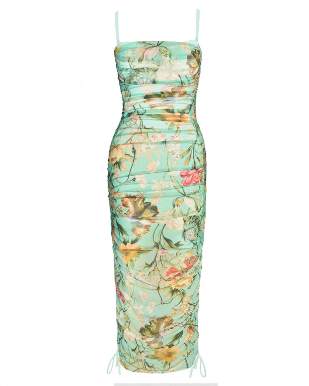 Outline image of Sweetie Mesh Column Dress - Adjustable Aqua Floral