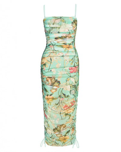 Outline image of Sweetie Mesh Column Dress - Adjustable Aqua Floral maxi 