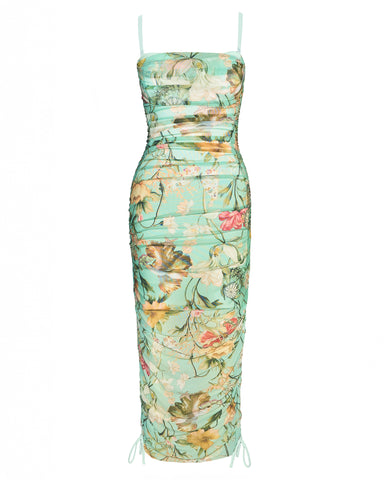 Three quarter back view of model in Sweetie Mesh Column Dress - Adjustable Aqua Floral