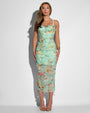 Full body view of Sweetie Mesh Column Dress - Adjustable Aqua Floral fully cinched down