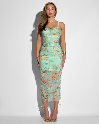 Full body view of Sweetie Mesh Column Dress - Adjustable Aqua Floral fully cinched down