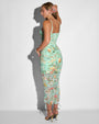 Three quarter back view of model in Sweetie Mesh Column Dress - Adjustable Aqua Floral