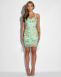 Model wearing Sweetie Mesh Column Dress - Adjustable Aqua Floral cinched up as a mini dress 