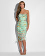 Model in Sweetie Mesh Column Dress - Adjustable Aqua Floral wearing as a strapless midi dress