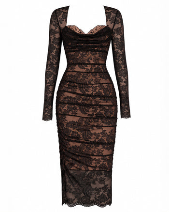 Outline image of Sweetie Long Sleeve Column Dress - Lace Black/Tawny