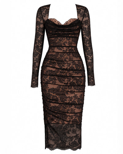 Outline image of Sweetie Long Sleeve Column Dress - Lace Black/Tawny