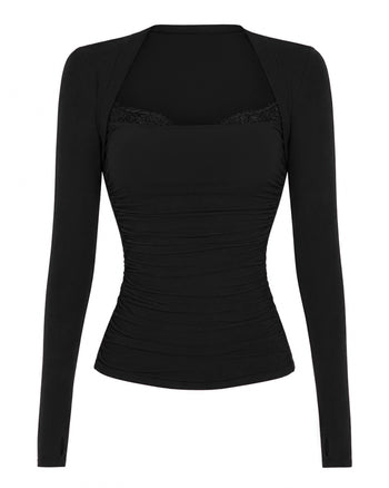 Outline image of Shapey Ruched Long Sleeve Top - Black/Lace