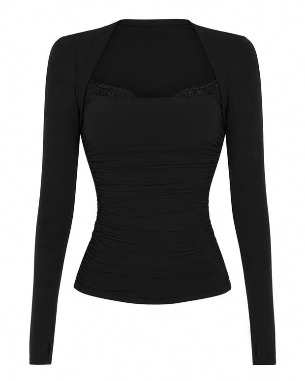 Outline image of Shapey Ruched Long Sleeve Top - Black/Lace