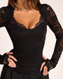Close up front view of model in Sweetheart Long Sleeve Top - Lace Black