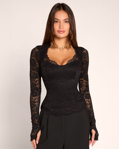 Straight on front view of model wearing Sweetheart Long Sleeve Top - Lace Black