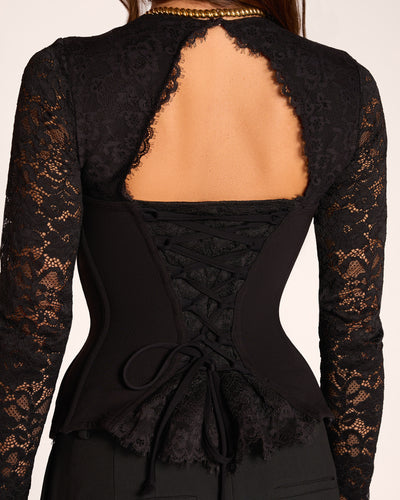 Close up of back lacing on Sweetheart Long Sleeve Top - Lace Black