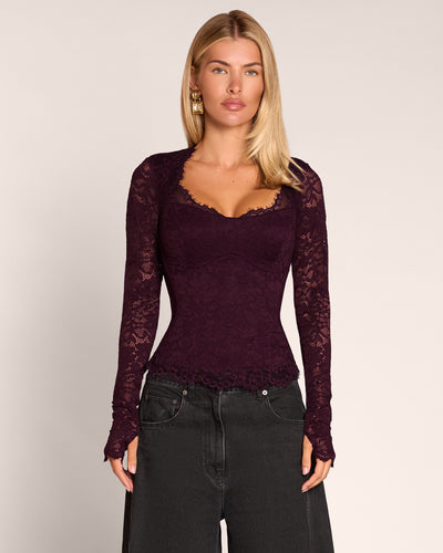 Straight on front view of model in Sweetheart Long Sleeve Top - Lace Garnet
