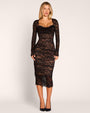 Full body front view of model in Sweetie Long Sleeve Column Dress - Lace Black/Tawny