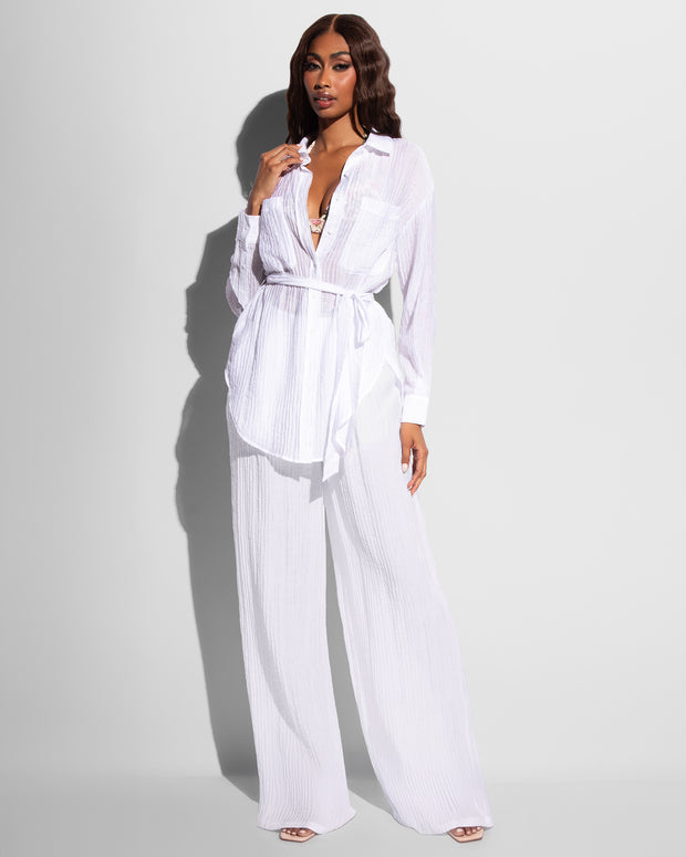 Full body front view of Flowy Pant - Gauze White paired with matching top