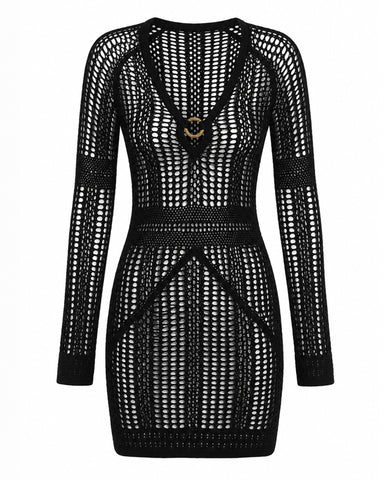 Back view of model wearing Ringy Mini Cover Up - Crochet Black