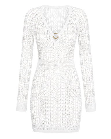Close up of model wearing Ringy Mini Cover Up - Crochet White