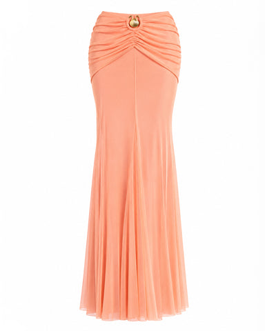Detail shot of gold seashell hardware on Mermaid Sheer Maxi Skirty - Mesh Papaya/Gold Seashell