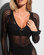 Detail shot of Ringy Mini Cover Up - Crochet Black on model