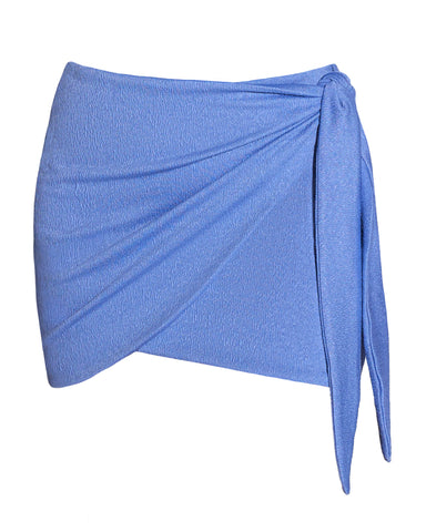 Back view of model in Mini Wrap Skirty - Crinkle Bluebell