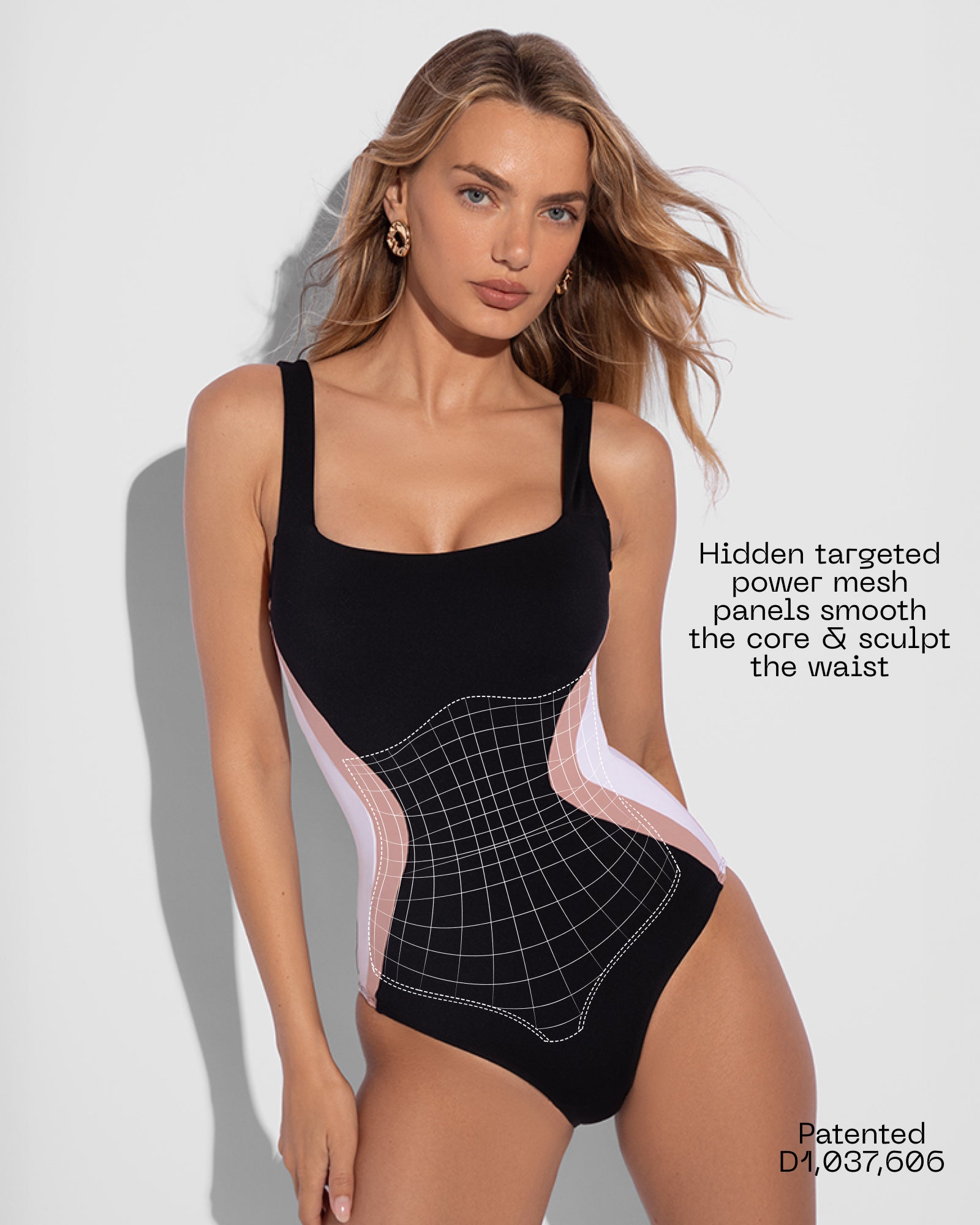Square Neck Mega Sculpting Swimsuit - Black/Rose/White | TA3