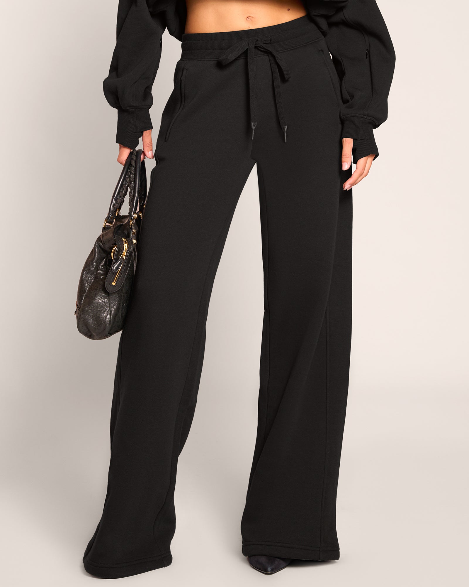 Fleecey Wide Leg Pull On Pant - Black | TA3