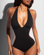 Close up front view of model wearing Halter Plungey - Contour Black/Rose/White