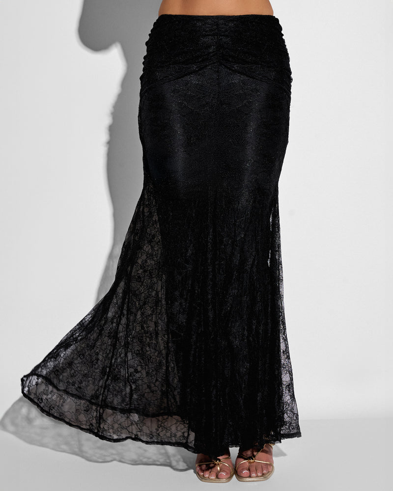 Close up of Mermaid Maxi Skirty - Lace Black flared out on model