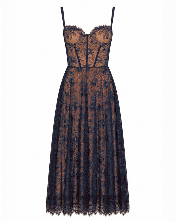 Front outline image of Bombshell Midi Dress - Lace Midnight/Tawny