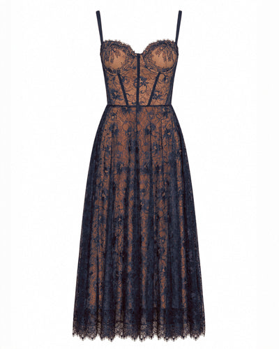 Front outline image of Bombshell Midi Dress - Lace Midnight/Tawny